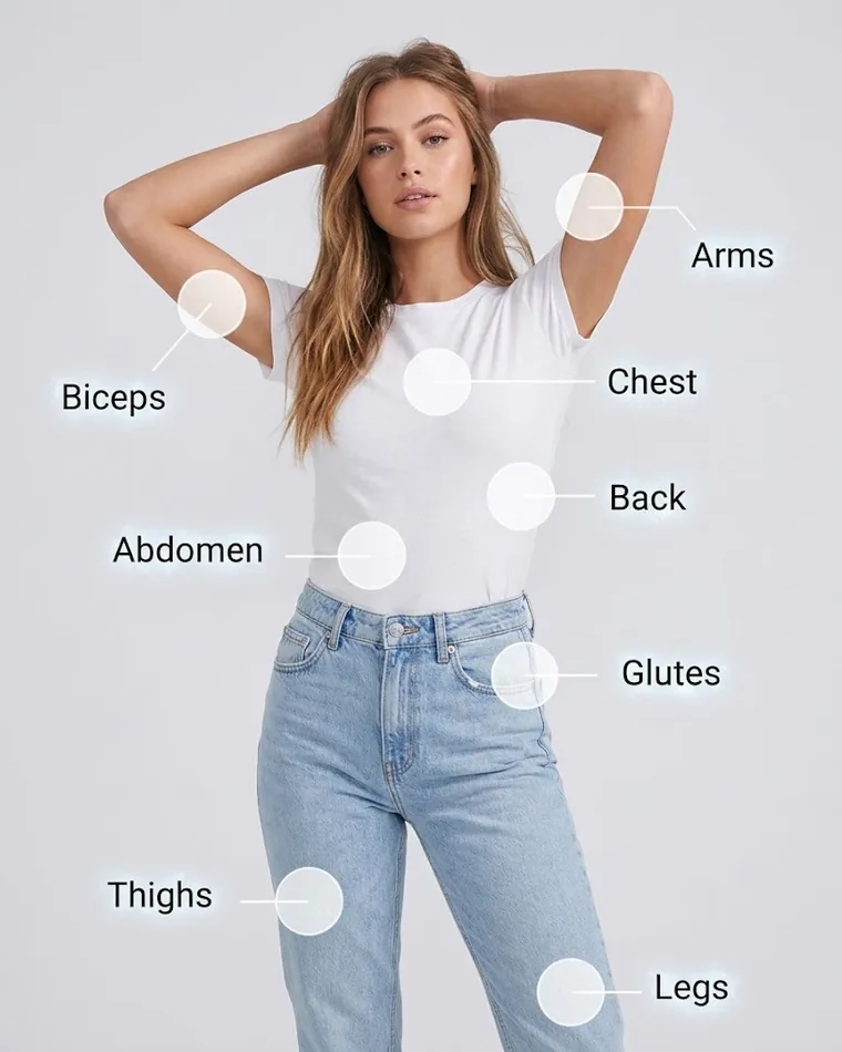 Cryotherapy treatment areas: arms, biceps, chest, back, abdomen, glutes, thighs, legs